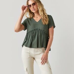 SOLD: Francesca’s brand new, never worn t-shirt, V neckline, Swiss dot, green